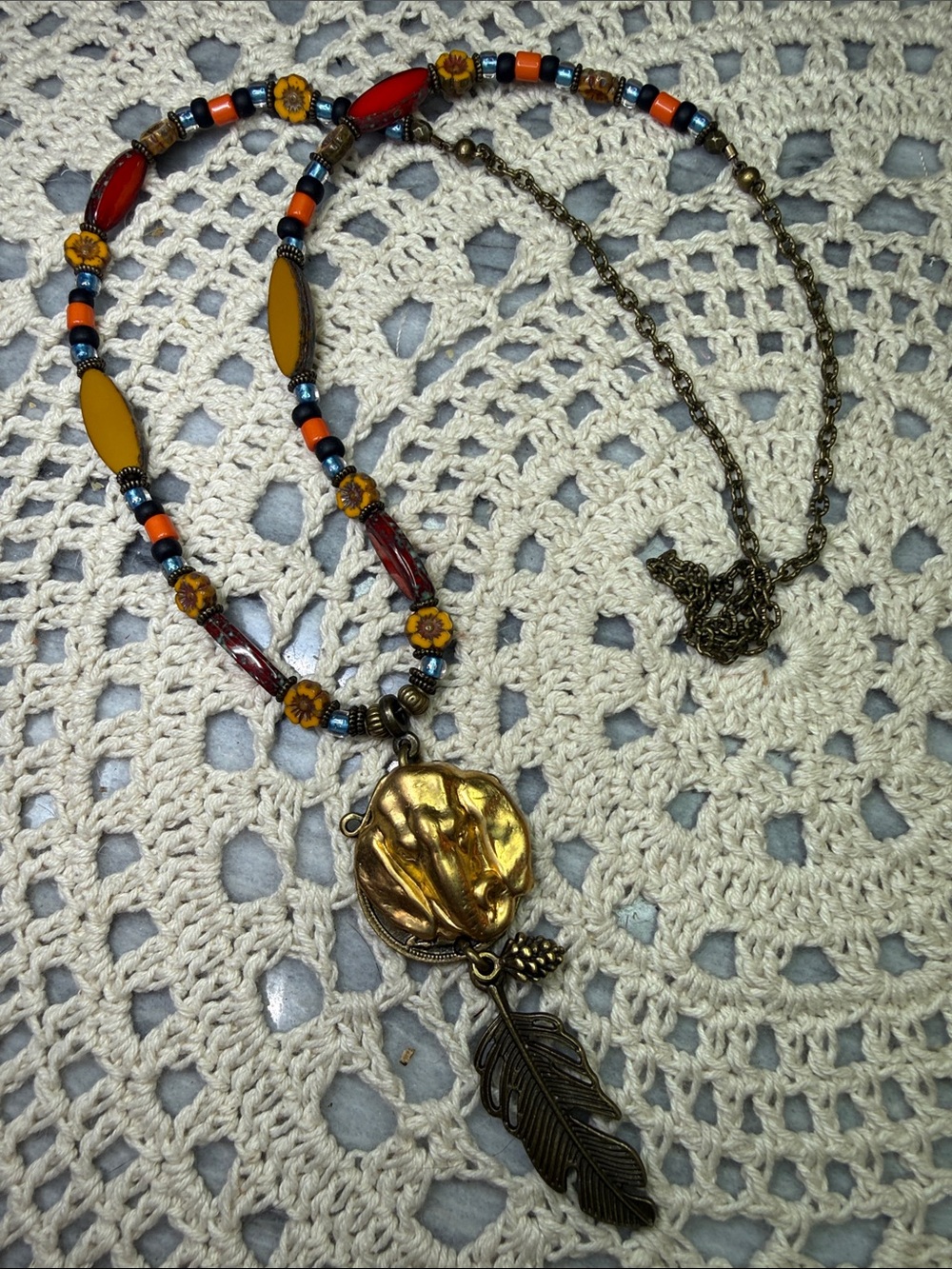 Bohemian Gold Leaf Pendant Necklace with Red & Mustard Beads
